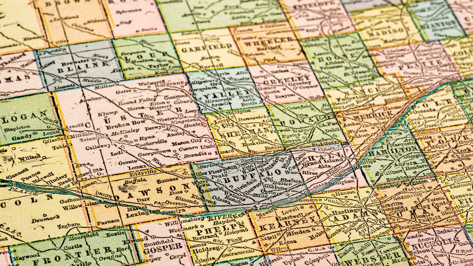 Zoomed in colorful map of Nebraska counties