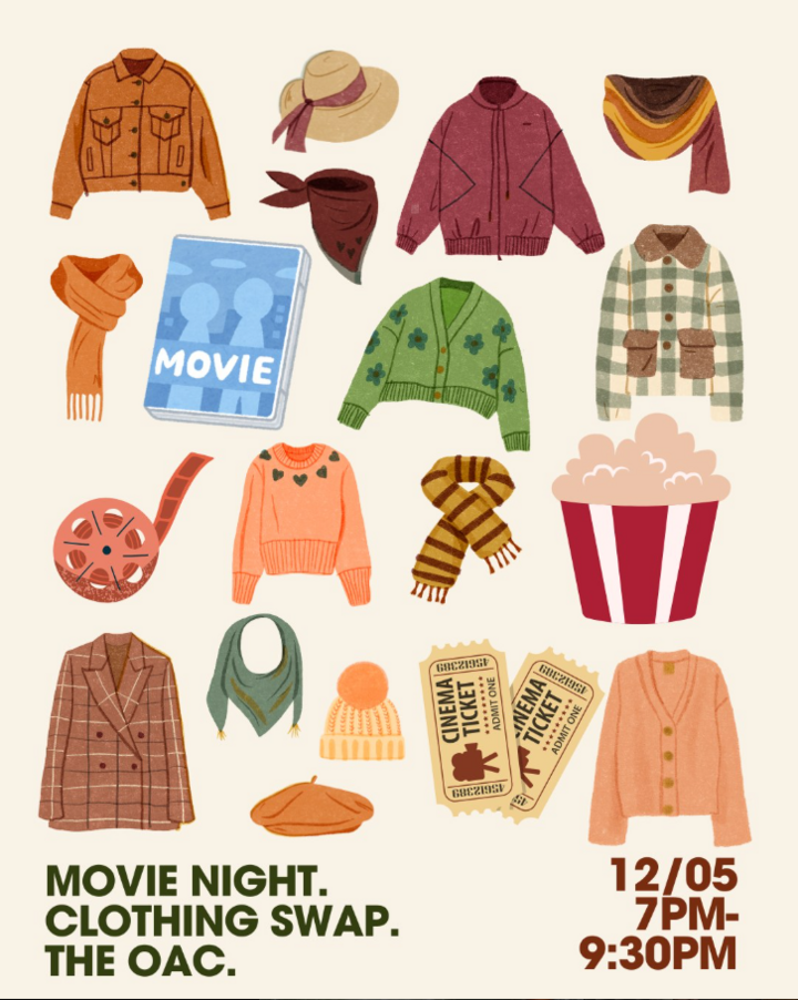 A conglomerate of illustrations of different clothing items on a poster for a movie night clothing swap